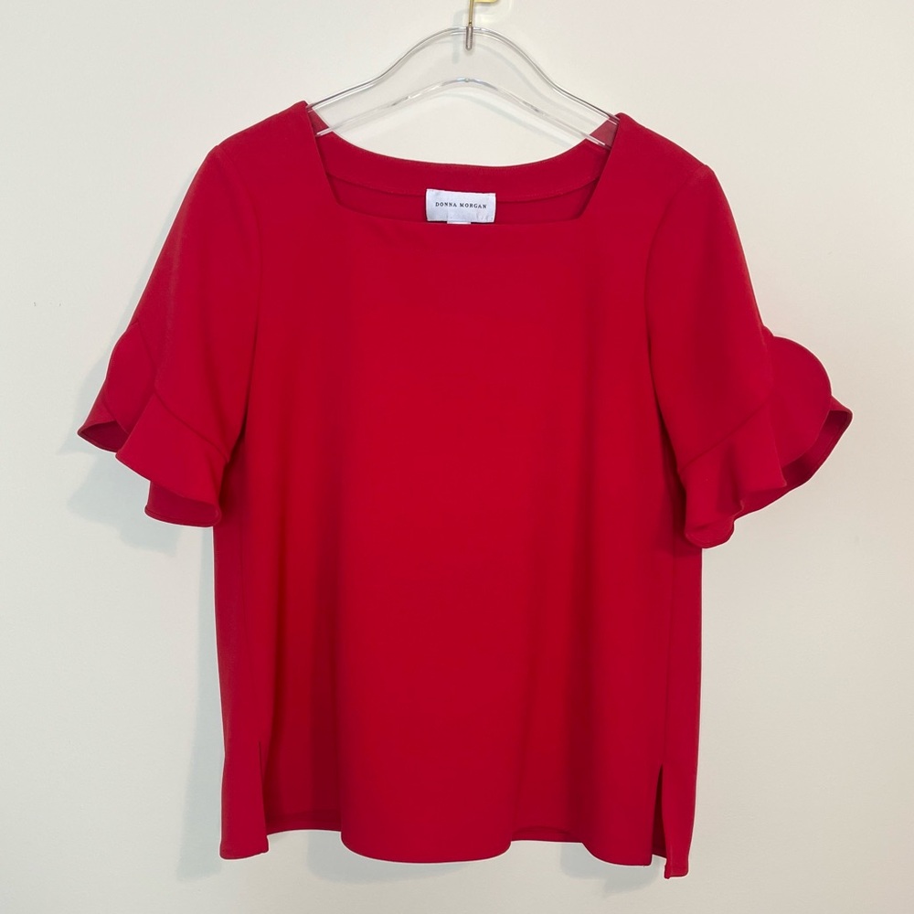 Donna Morgan Red Square Neckline Flutter Ruffle Sleeve Top Size L